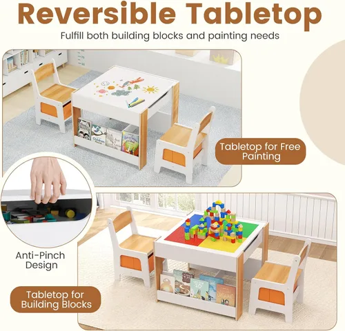 Vista 10 de INFANS Juego de Mesa y Silla para Niños, Escritorio de Actividades de Madera de Bloques de Construcción 4 en 1 con Superficie Reversible, Cajones