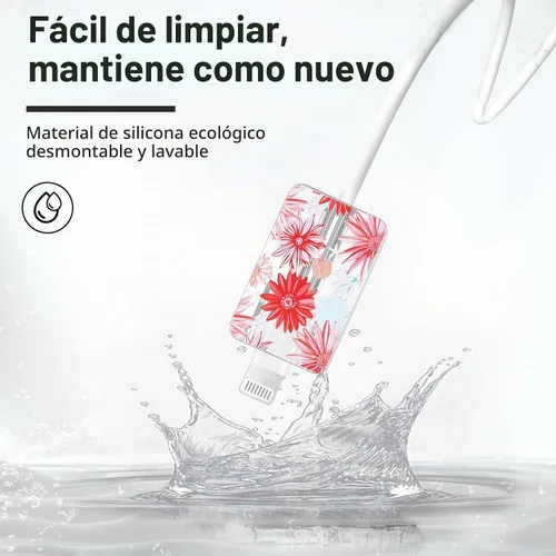 Vista 3 de Lindo protector de cable para cargador adaptador de iPhone, diseño de flores de crisantemo rojo, cable de datos de TPU suave, funda USB-C