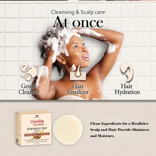 Vista 4 de Barra de champú de coco y vainilla, cuidado natural del cabello, suavidad sedosa y nutrición, fortalece el cabello y da volumen, sin parabenos