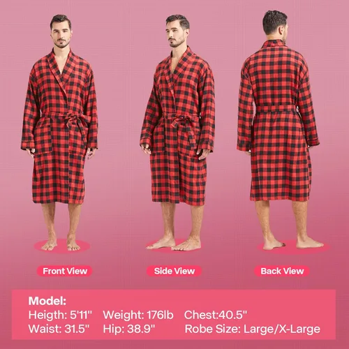 Vista 2 de FashGudim Bata de algodón a cuadros para hombre, ligera, con cuello de chal, kimono, ropa de dormir, ropa de descanso, batas de casa