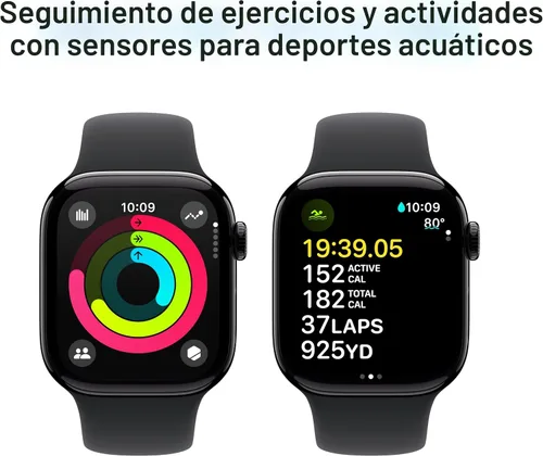 Vista 5 de Apple Watch Series 10 [GPS 42 mm] Smartwatch con caja de aluminio negro brillante y correa deportiva negra - M/L. Rastreador de fitness, aplicación