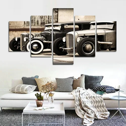 Vista 6 de CrmArt Póster modular HD impreso en lienzo, marcos de pintura para sala de estar, arte de pared, 5 piezas de Hot Rod vintage, fotos de automóvil