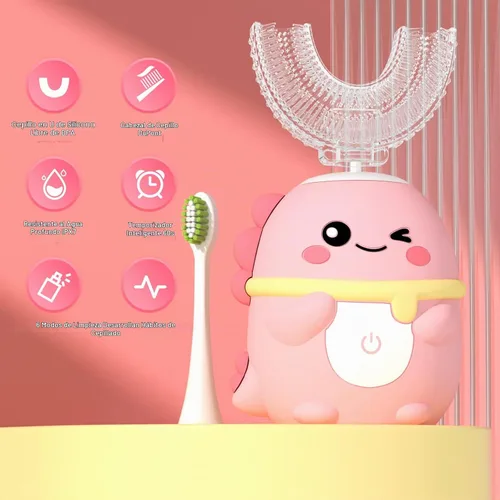 Vista 4 de Cepillo de dientes eléctrico para niños JIANLEJIA en forma de U, cepillos de dientes sónicos automáticos para niños pequeños con 5 cabezales