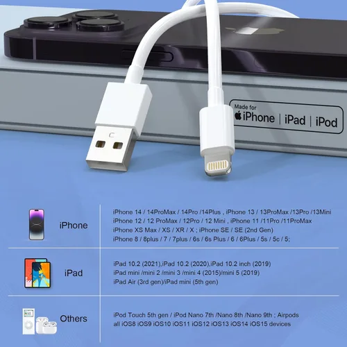 Vista 7 de Paquete de 6 cargadores para iPhone (3/3/6/6/10 pies), cable Lightning certificado MFi de Apple, cable de carga rápida para iPhone, cable de carga