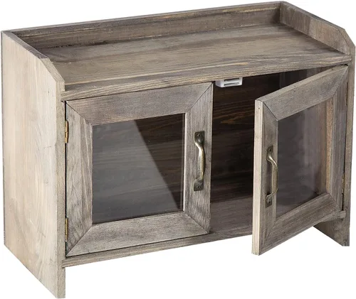Vista 5 de Estante organizador de armario de madera gris piedra rústica, estante organizador de gabinete de vidrio, puertas de ventana de madera, organizador