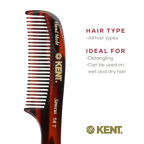 Vista 6 de Kent Peine desenredante grande de tortuga 14T, dientes anchos para cabello largo y grueso, rizado y ondulado, peine desenredante para cabello húmedo