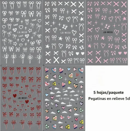 Vista 2 de Fcozpjk Calcomanías de uñas con lazo en relieve 5D, 5 hojas autoadhesivas de cintas rosas y blancas, arte de uñas para el día de San Valentín, dijes