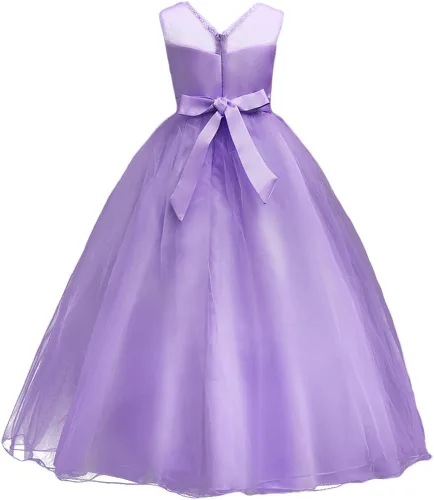 Vista 4 de Vestido formal de tul de encaje para niña de flores, vestido largo de princesa, baile, boda, dama de honor, noche