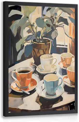 Vista 16 de Cyebmo Arte de Pared Retro Enmarcado de Café, Decoración de Pared de Taza de Café y Planta, Pintura en Lienzo de Acuarela de Café, Póster