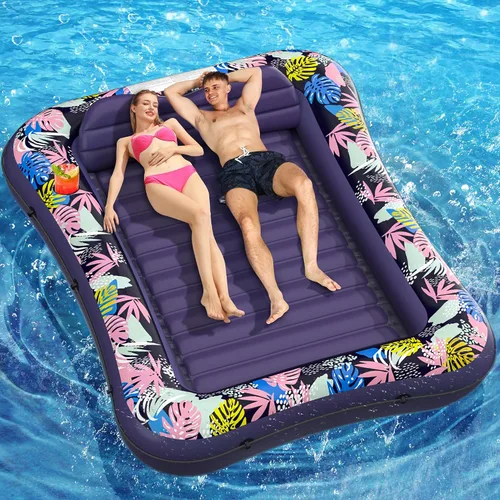 Vista 8 de OKSUWATER - Flotador para tumbona bronceadora para piscina, de 87 x 63 pulgadas, para adultos, con reposacabezas y soporte para bebidas, cama Azul