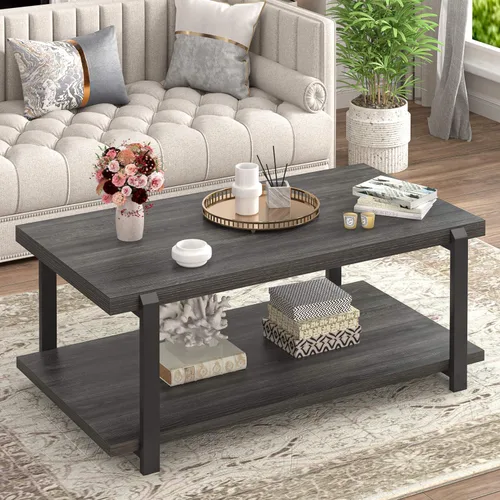Vista 13 de FOLUBAN - Mesa de café negra, mesa de centro moderna de madera rústica con almacenamiento para sala de estar, mesa de té industrial de 2 niveles