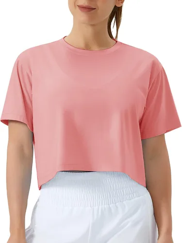 Vista 12 de THE GYM PEOPLE - Camiseta de entrenamiento para mujer, manga corta, básica, recortada, deportiva, de yoga, para correr, estilo boxy Verde militar