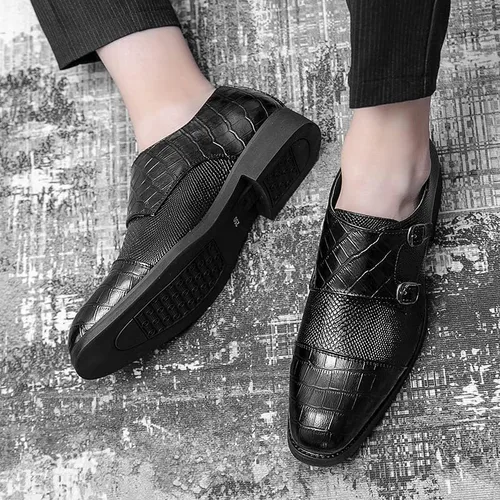 Vista 8 de HuitJours Men Black Blue Snakeskin Slips on Dress Shoes Double Monk Straps Classic Loafers Zapatos de Vestir para Hombre