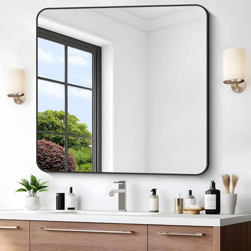 Vista 23 de Espejo de baño negro, espejos cuadrados de 18 x 18 pulgadas para pared, marco de metal, espejo de tocador de esquina redondeada para sobre