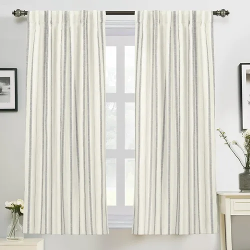 Vista 41 de DriftAway Cortinas opacas de mezcla de lino de granja de 90 pulgadas de largo para dormitorio, cortinas de lino con estampado de rayas verticales