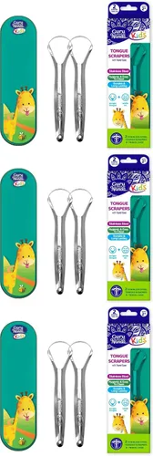 Vista 10 de GuruNanda Raspador de lengua para niños (paquete de 2) con estuche de viaje, acero inoxidable, ayuda al aliento fresco, limpiador de lengua apto