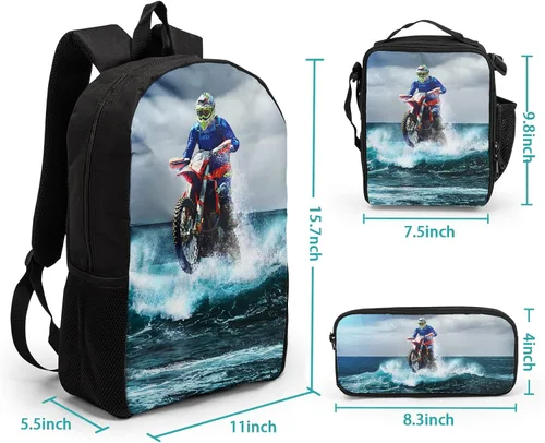 Vista 2 de Cool Dirt-Bike Motocross - Mochilas escolares para adolescentes y niños, vehículo de motocicleta en el mar, mochila escolar, bolsa de almuerzo