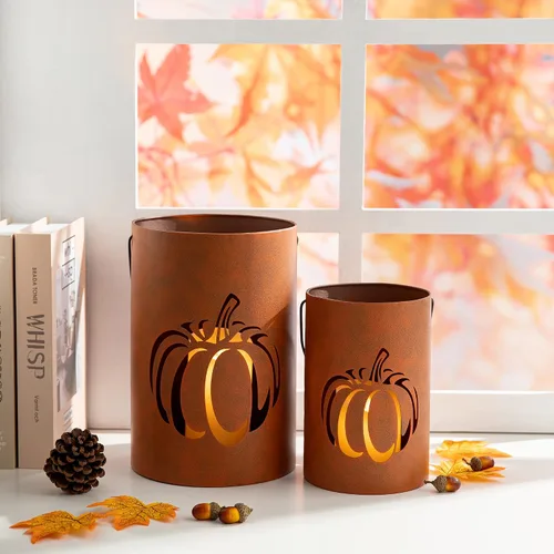 Vista 5 de Glitzhome Paquete de 2 portavelas de calabaza con recortes de Halloween, cubo de metal para Acción de Gracias, letreros decorativos de porche