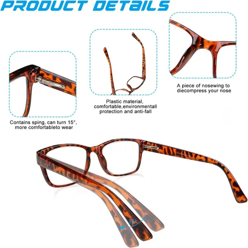 Vista 4 de Gafas de lectura para hombre, ligeras, cuadradas, para lectores, elegantes, con bisagra de resorte, ajuste cómodo, paquete de 4