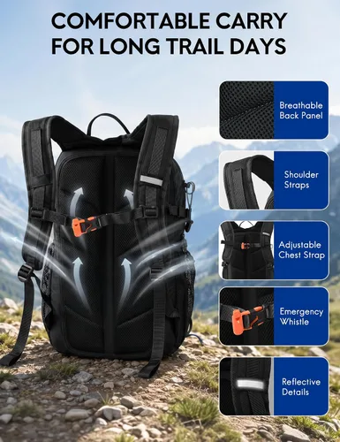 Vista 6 de Haimont Mochila de senderismo ligera de 25L con cubierta para lluvia, color Negro