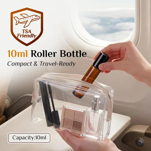 Vista 3 de PrettyCare 4 Pack 10ml Amber Glass Essential Oil Roller Bottles - Roller Ball Applicator, Leakproof Roll on Bottles, Travel Size Containers, Empty