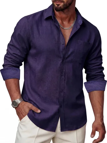 Vista 13 de Camisas de lino para hombre, casual, de manga larga, con botones, ajuste regular, cuello en contraste, con bolsillo