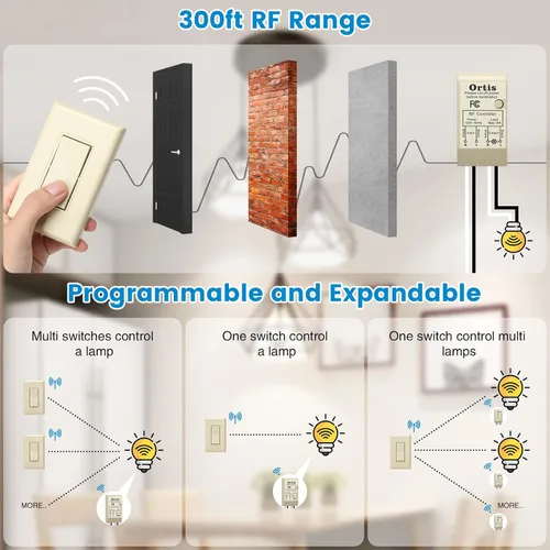 Vista 3 de Kit de interruptor de luz inalámbrico y receptor, interruptores de pared inalámbricos Ortis con rango RF de 300 pies para luces, ventiladores