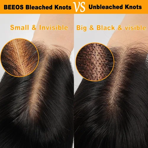 Vista 4 de BEEOS - Peluca frontal encaje HD 13x6 ondas corporales densidad 180% cabello humano nudos decolorados 18 pulgadas