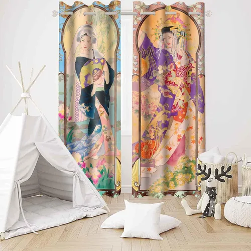 Vista 5 de Art Nouveau - Cortinas opacas de geisha japonesa de verano, serie de temporada de otoño, cortina estilo pintura al óleo, montaje en flor de cerezo