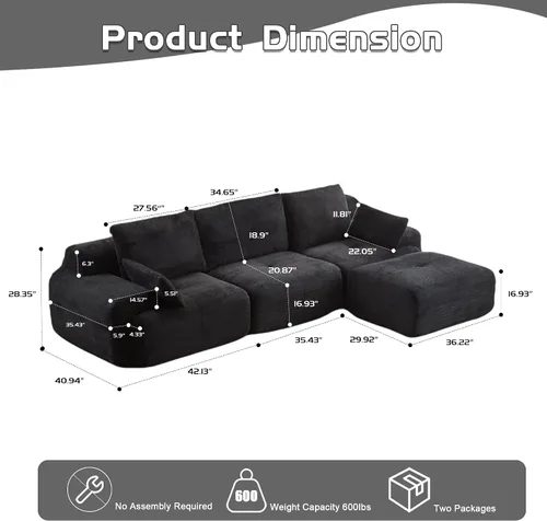 Vista 2 de WILLIAMSPACE Sofá modular para sala de estar, moderno sofá modular tapizado en forma de L de 4 plazas con puertos de carga USB y reposabrazos