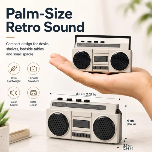 Vista 6 de Sourcingbay - Mini altavoz Bluetooth retro, recargable por USB, color gris 2W close range sound for desks shelves bedside tables display styling
