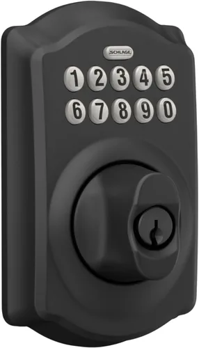 Vista 2 de SCHLAGE - Cerrojo de seguridad electrónico BE365 CAM 622 con teclado, negro mate Keyless entry door lock, Push button keypad deadbolt, Key backup