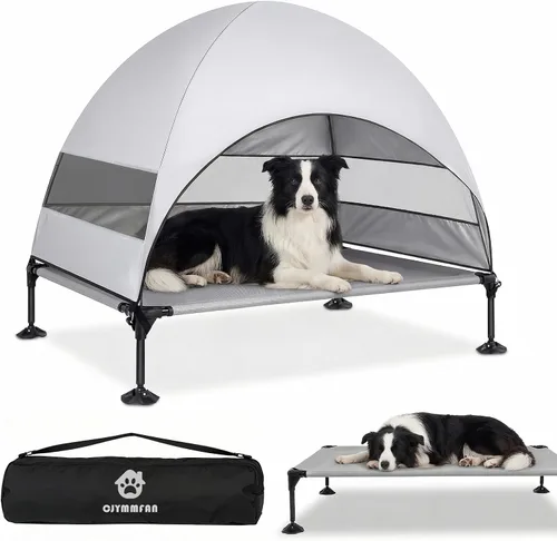 Vista 9 de Cama elevada para perros con toldo a prueba de rayos UV, tienda de campaña para perros al aire libre con potentes pies ajustables, cuna portátil