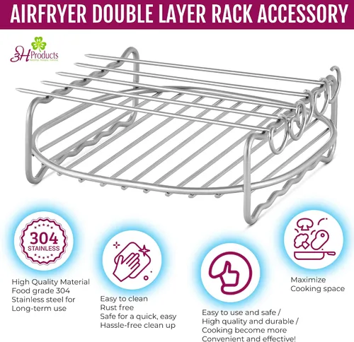 Vista 3 de 3hproducts - Estante multiusos XL de doble capa compatible con freidoras de aire de más de 5.5 cuartos de galón con 5 pinchos