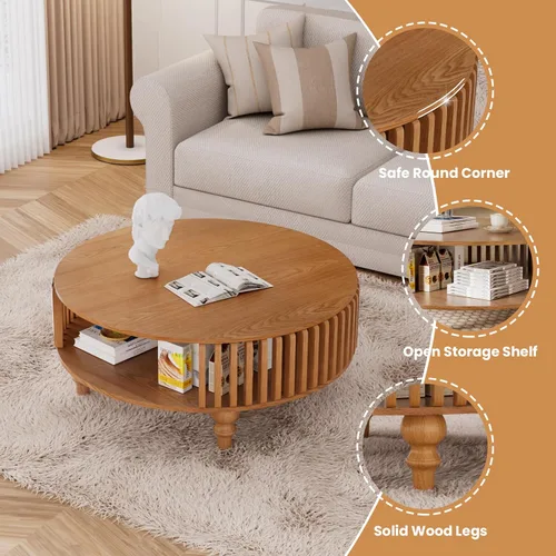 Vista 4 de Mesa de centro redonda de 30.7 pulgadas con almacenamiento, mesa auxiliar moderna de 2 niveles, patas de madera maciza, mesa central pequeña