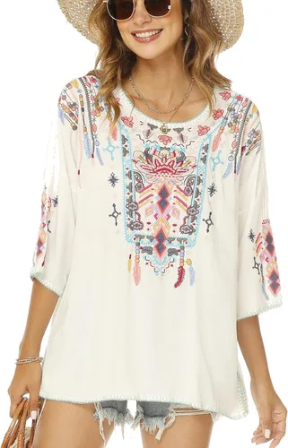 Vista 4 de Vakakado Blusas bordadas mexicanas bohemias para mujer, camisas tradicionales bohemias campesinas de manga 34, ropa hippie, blusa tipo túnica