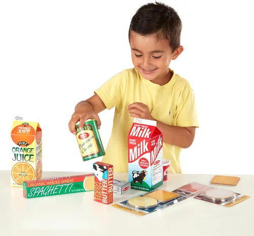 Vista 6 de Melissa & Doug - Cajas de alimentos de juguete para llenar el refrigerador (8 piezas), alimentos de madera para jugar, alimentos de simulación