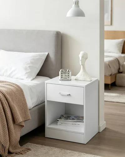 Vista 5 de Karl home - Juego de 2 mesitas de noche de madera blanca, moderna para dormitorio Wood Bedside Table Set with Open Storage Shelf, Multi-scene