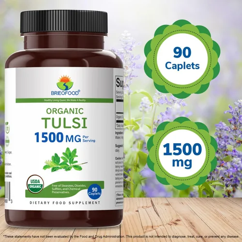 Vista 6 de Brieofood Tulsi Orgánico (albahaca sagrada) 1500 mg, 45 porciones, vegetariano, sin gluten, 90 tabletas vegetarianas (paquete de 2)