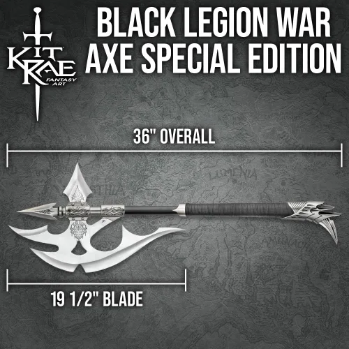 Vista 3 de Kit Rae Black Legion War Axe - Edición especial, hoja de acero inoxidable 420 de 19 1/2 pulgadas, agarre envuelto en cuero, accesorios de metal