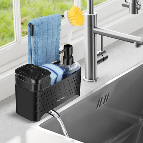 Vista 4 de Juego de dispensador de jabón de cocina, soporte de esponja para fregadero de cocina, dispensador de jabón de manos y platos con organizador