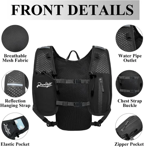 Vista 3 de Runlight Chaleco para correr para mujeres y hombres, mochila ligera de hidratación con bolsa de vejiga de agua de 1.5L, mochila diurna hidro