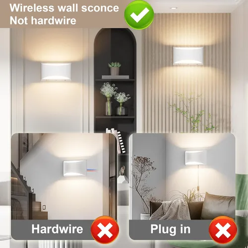 Vista 7 de Aipsun Aplique de pared blanco con pilas, 2 unidades, luces LED de pared recargables USB, luz de pared regulable para interiores para sala de estar