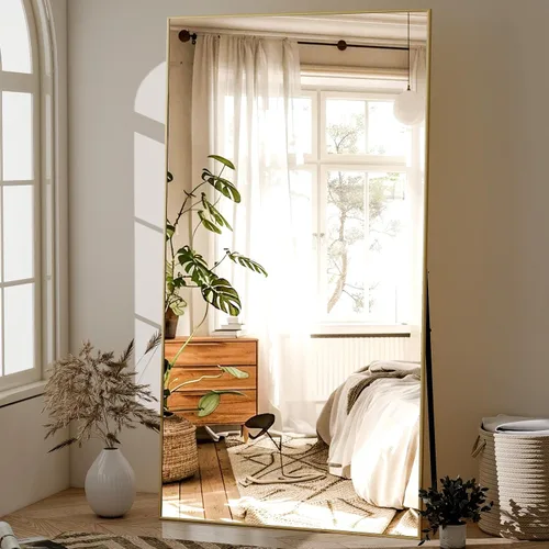 Vista 15 de GLSLAND Espejo de cuerpo completo de 64 x 21 pulgadas, espejo rectangular independiente, para colgar o inclinar, de aleación de aluminio, para Negro