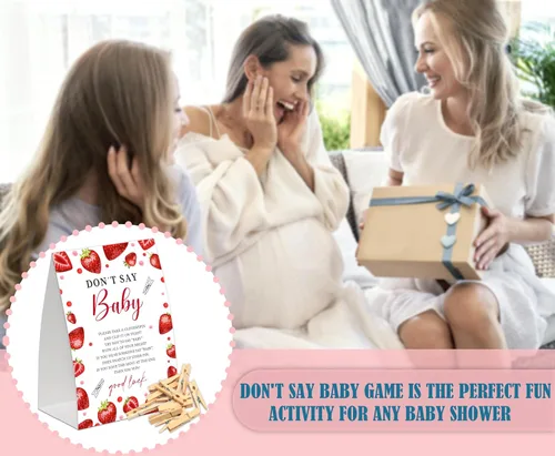 Vista 5 de Juego de bebé de fresa con texto en inglés "Don't Say Baby Show", paquete de un letrero de 5 x 7 pulgadas y 50 mini pinzas naturales para la ropa