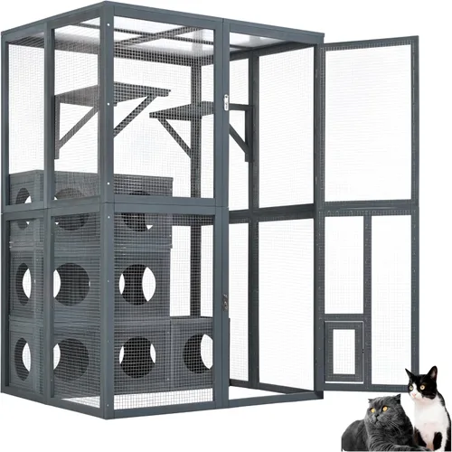 Vista 10 de Catio grande de madera para exteriores de 110 pulgadas, recintos para gatos al aire libre, cubierta resistente a la intemperie, dos puertas