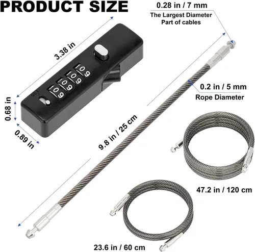 Vista 3 de Cerradura de combinación de cables intercambiables 3, 904EC-Negro 4-Digit Resettable Code Security for Travel, Outdoor Fence Gate, Ski, Scooter