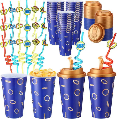 Vista 11 de Yungyan 16 juegos de tazas de golosinas con tapas y pajitas para decoraciones de cumpleaños, reutilizables, 16 onzas, vasos de plástico para dulces