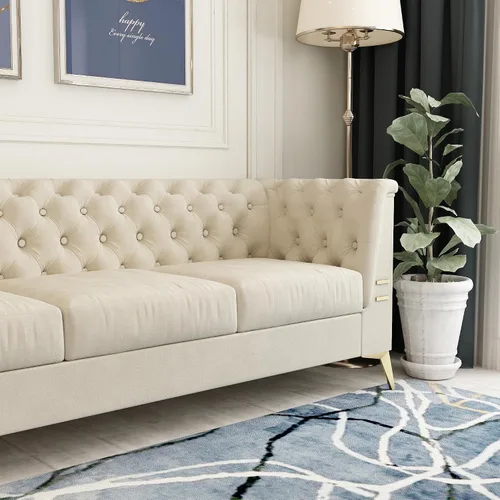 Vista 4 de Sofá de terciopelo beige moderno Mid-Century con patas de metal dorado, sofás Chesterfield de 3 plazas para sala de estar, dormitorio, apartamento