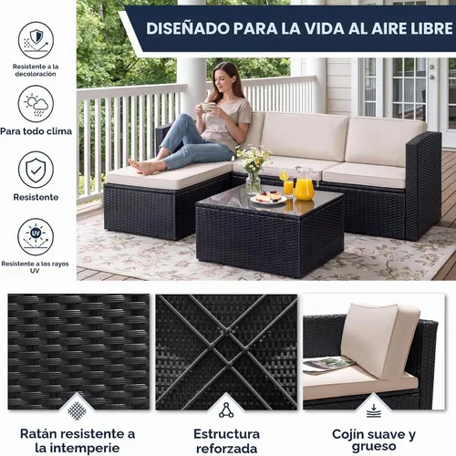Vista 4 de Greesum Juego de muebles de patio de 3 piezas para exteriores, sofá modular de mimbre con asiento ajustable, cojines suaves y mesa auxiliar